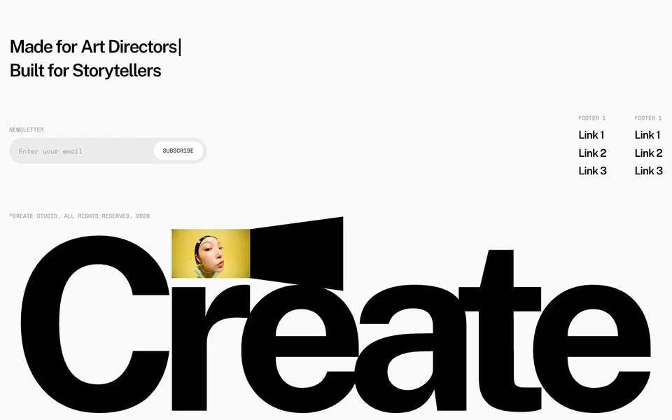 An oversized black Create wordmark with a small portrait video revealed behind a hinged black panel.