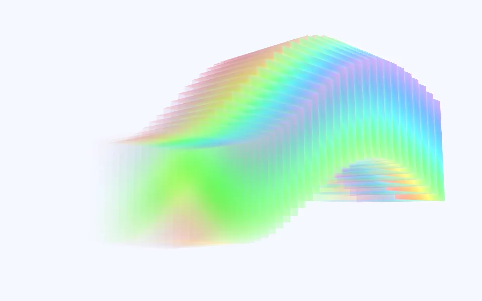 A curved trail of overlapping translucent rainbow cubes with glowing white edges on a pale lavender background.
