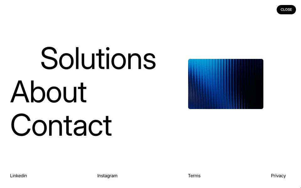 An oversized black navigation menu on white, with a blue image following the hovered Solutions link.