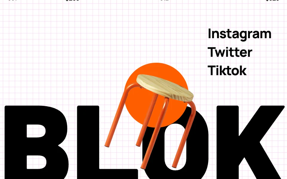 Furniture imagery and social links flowing into a repeated oversized BLOK headline on a pale pink grid.