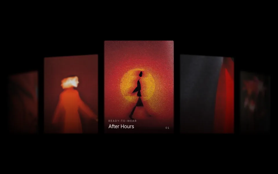 A sharp red fashion image centered among receding, softly blurred portrait cards on a black background.