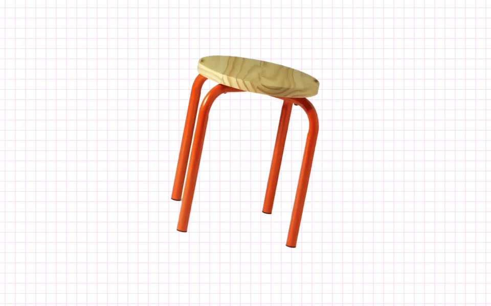 An orange-legged wooden stool rotating on a light pink grid, with no background text.