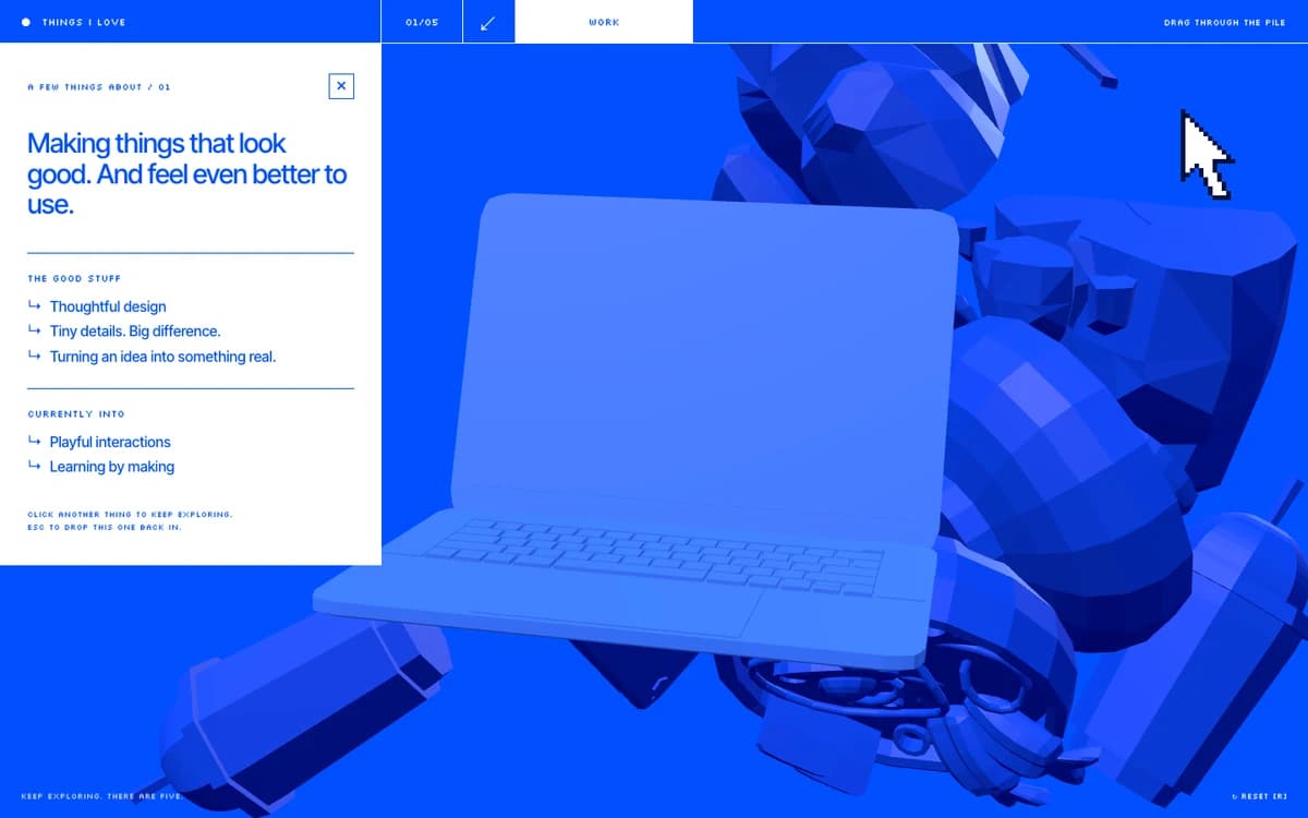 Blue low-poly objects piled on a cobalt background, with an open laptop floating beside a white panel.