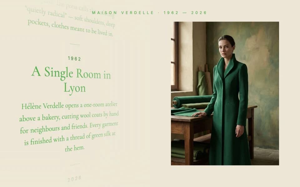 A screen recording of Maison Verdelle’s green perspective timeline beside changing fashion archive images.