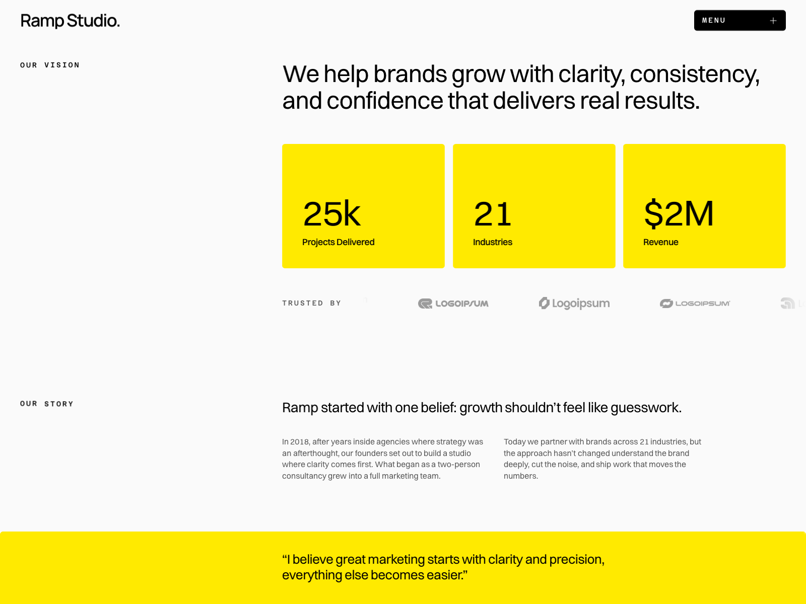Ramp Studio about page with company metrics and story