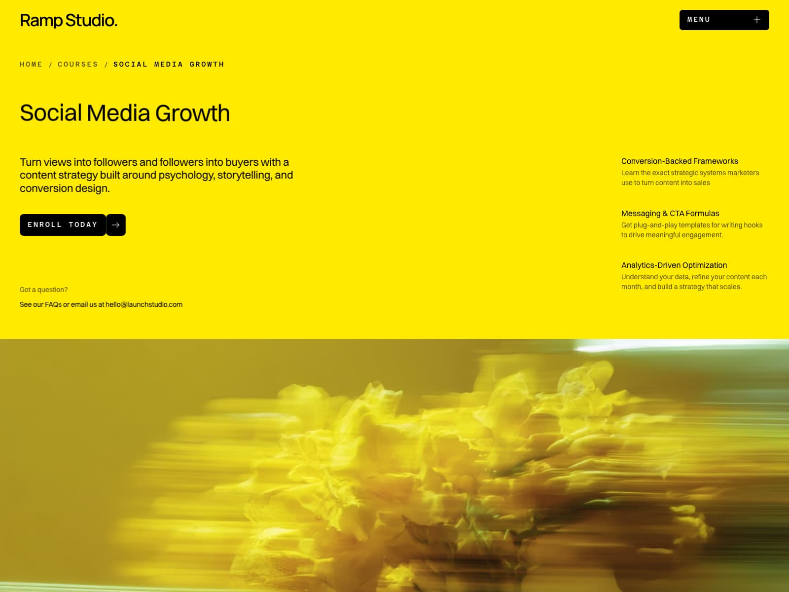 Ramp Studio Social Media Growth course page and yellow flower photograph