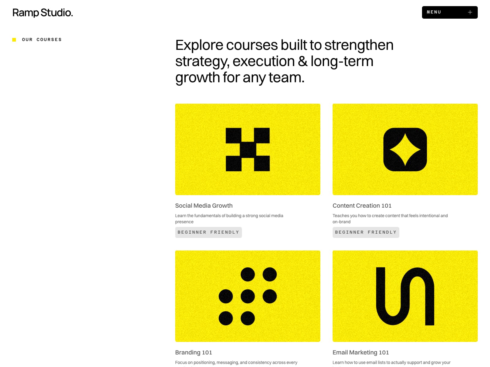Ramp Studio course directory with yellow course artwork