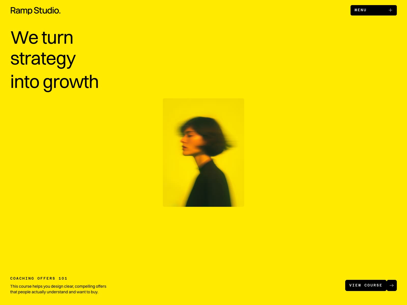 Ramp Studio homepage with yellow background, growth headline and portrait