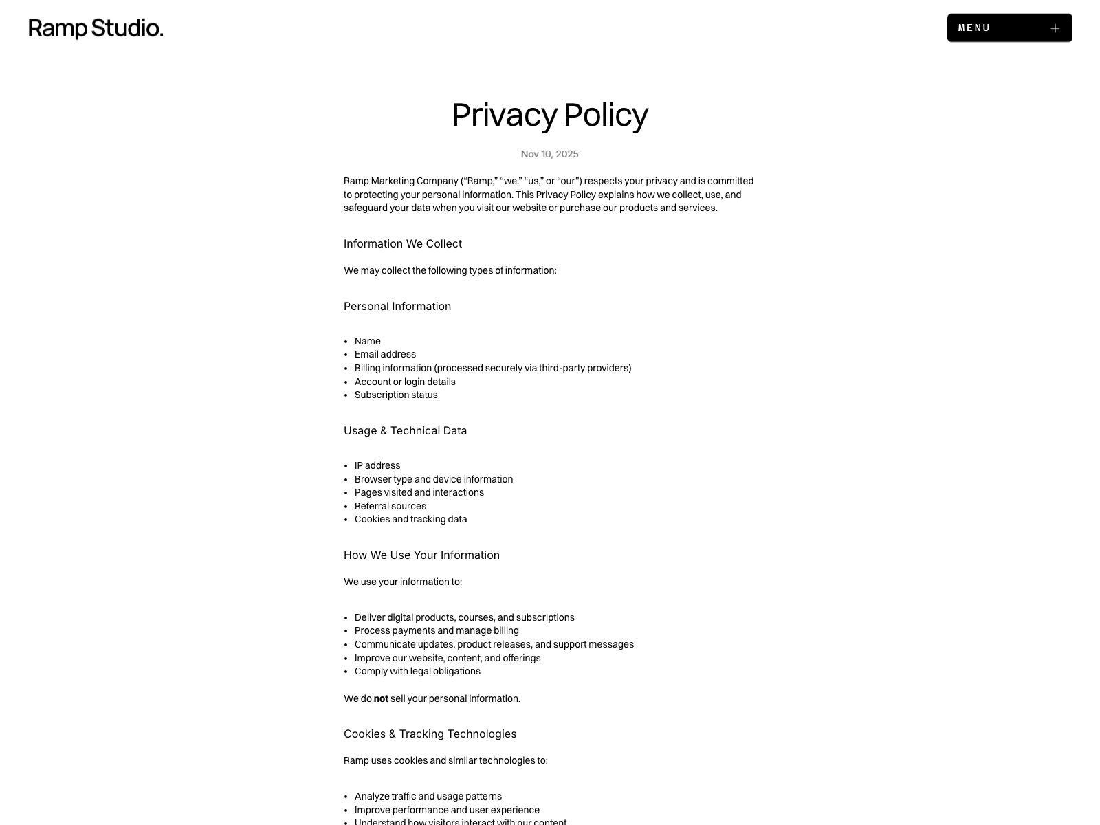 Ramp Studio Privacy Policy page