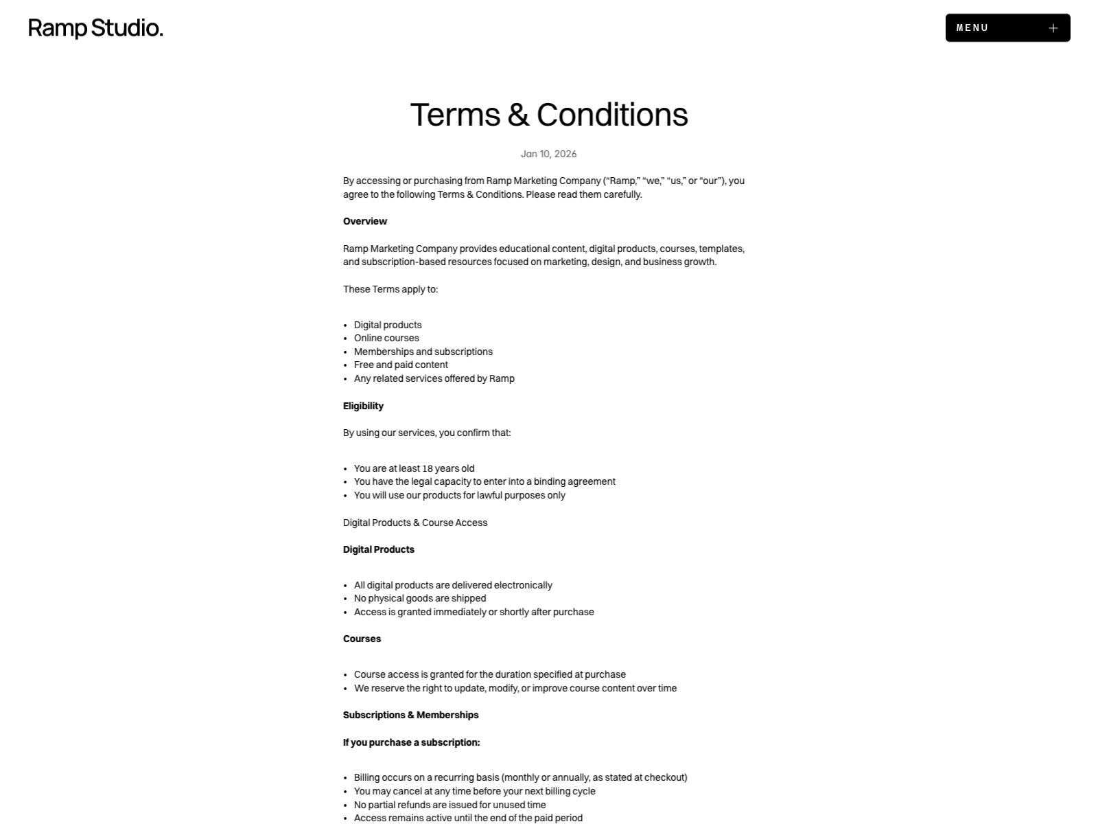 Ramp Studio Terms and Conditions page