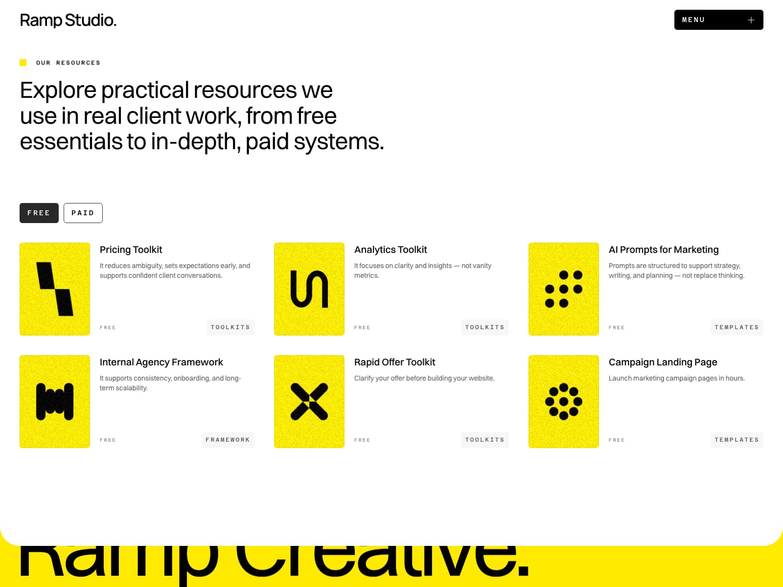 Ramp Studio resource directory with free and paid template filters