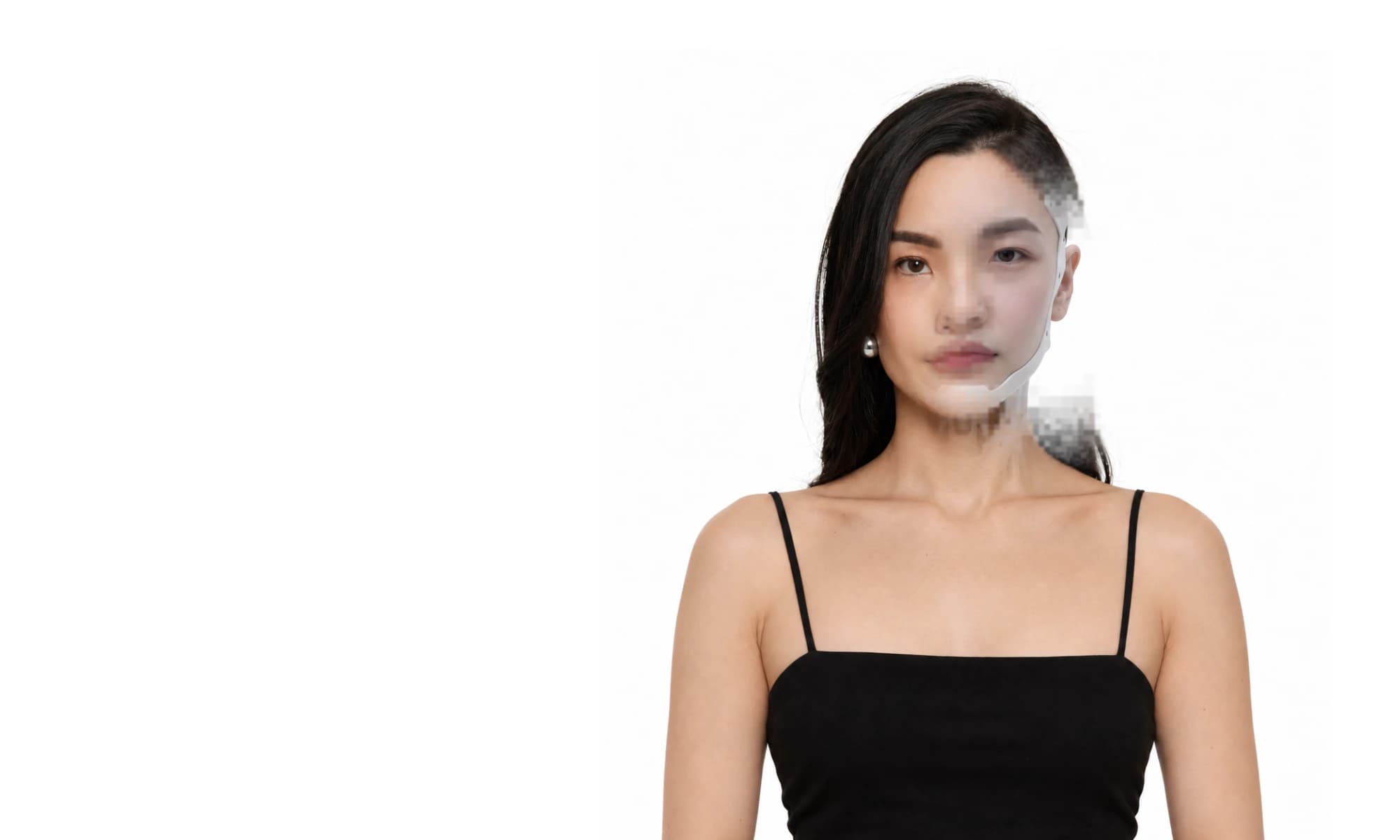 Human portrait with a soft pixel reveal showing the white robot twin beneath.