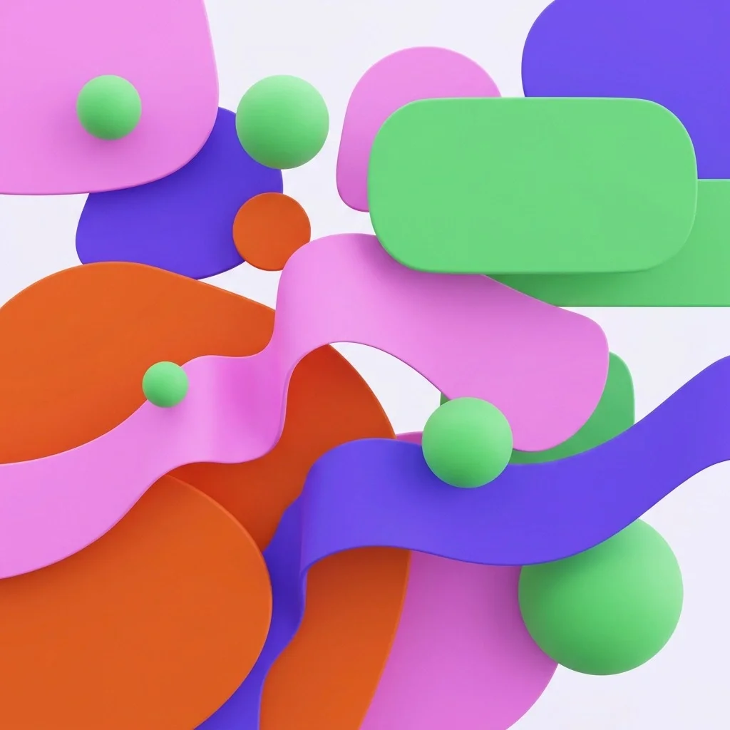 Colourful sculptural shapes and green spheres