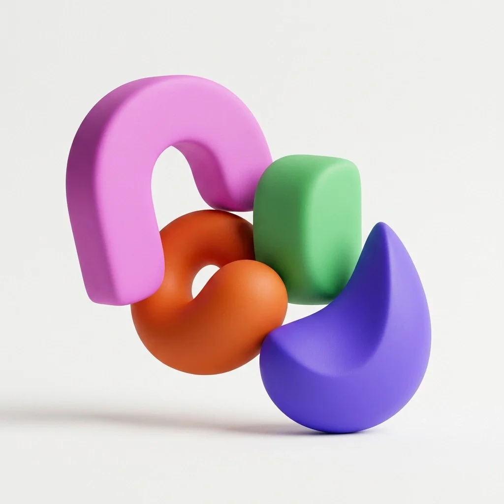 Soft sculptural shapes in pink, green and purple