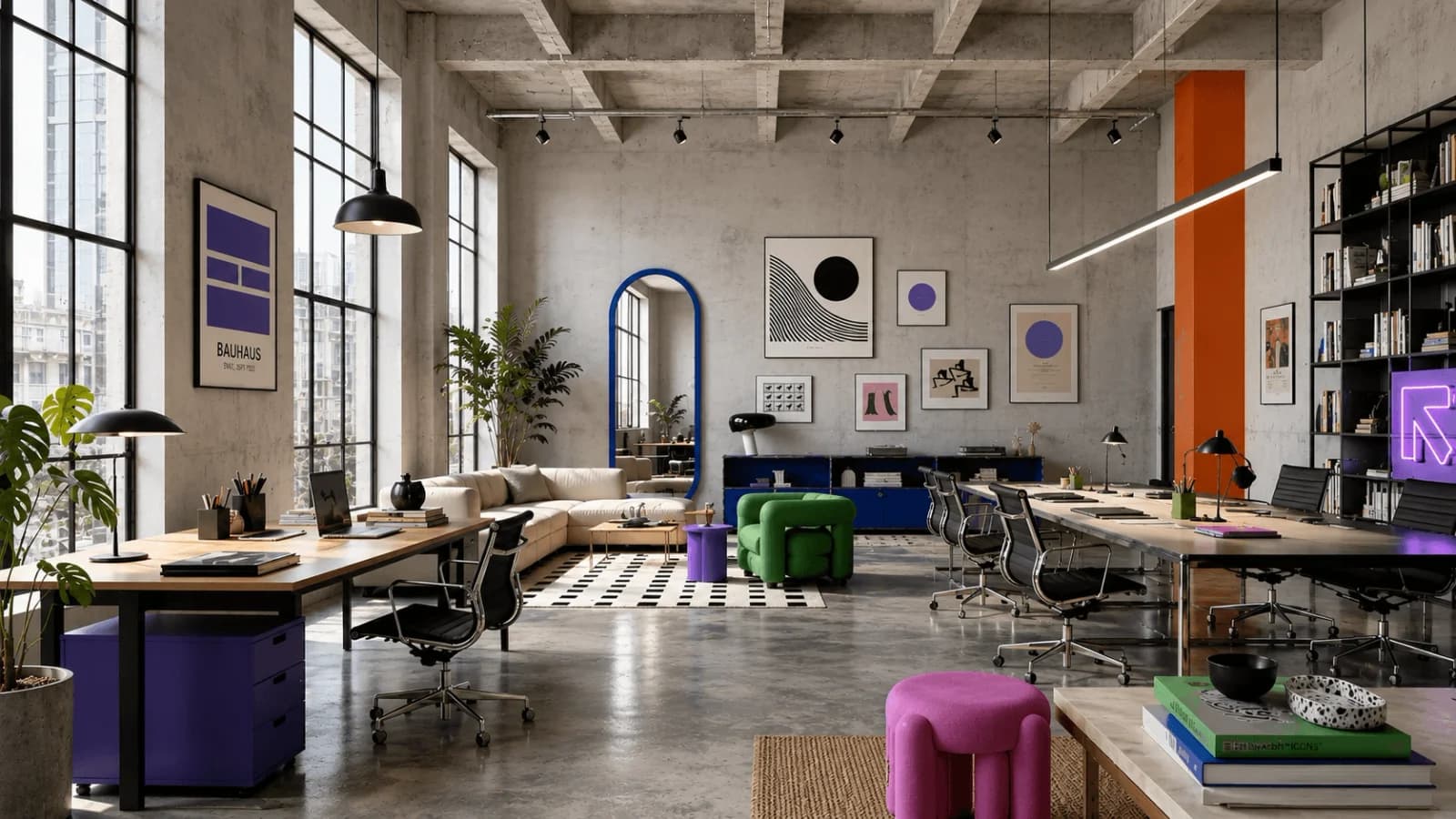 An airy creative studio with colourful furniture
