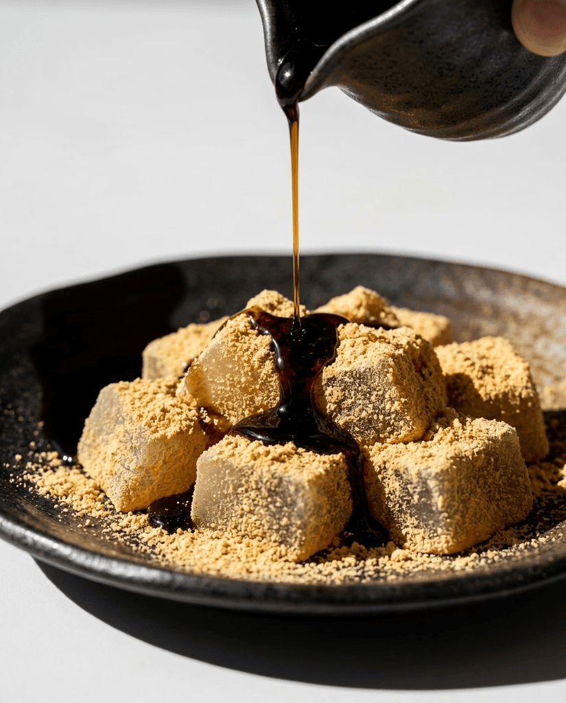 Dark syrup poured over powder-dusted mochi in a ceramic dish