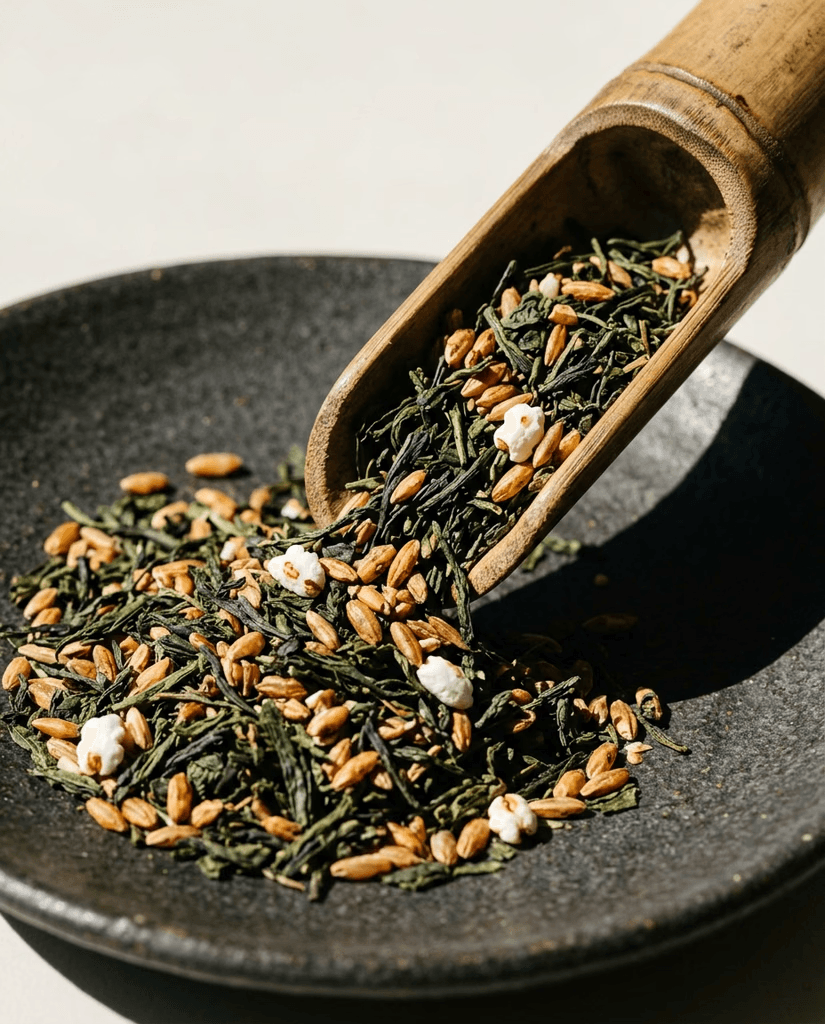 Bamboo scoop spilling green tea leaves and toasted rice into a dark dish