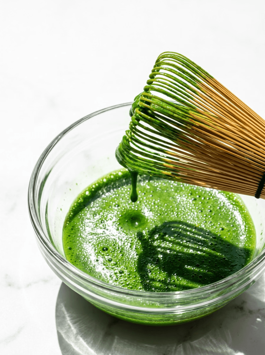 Bamboo whisk dripping green matcha into a glass bowl