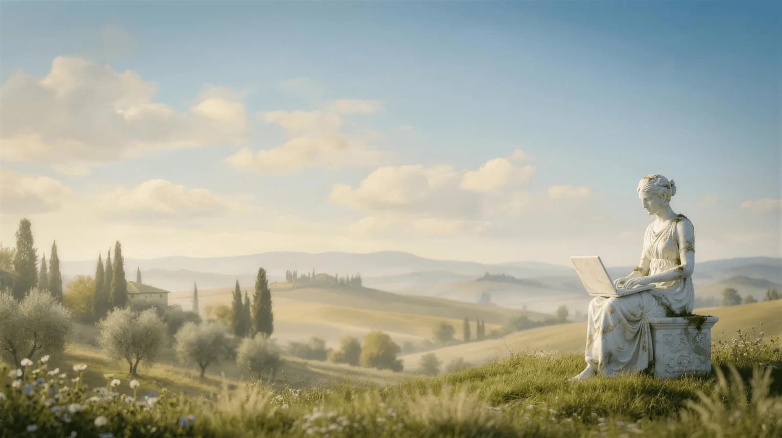 A marble figure with a laptop overlooking a sunlit landscape