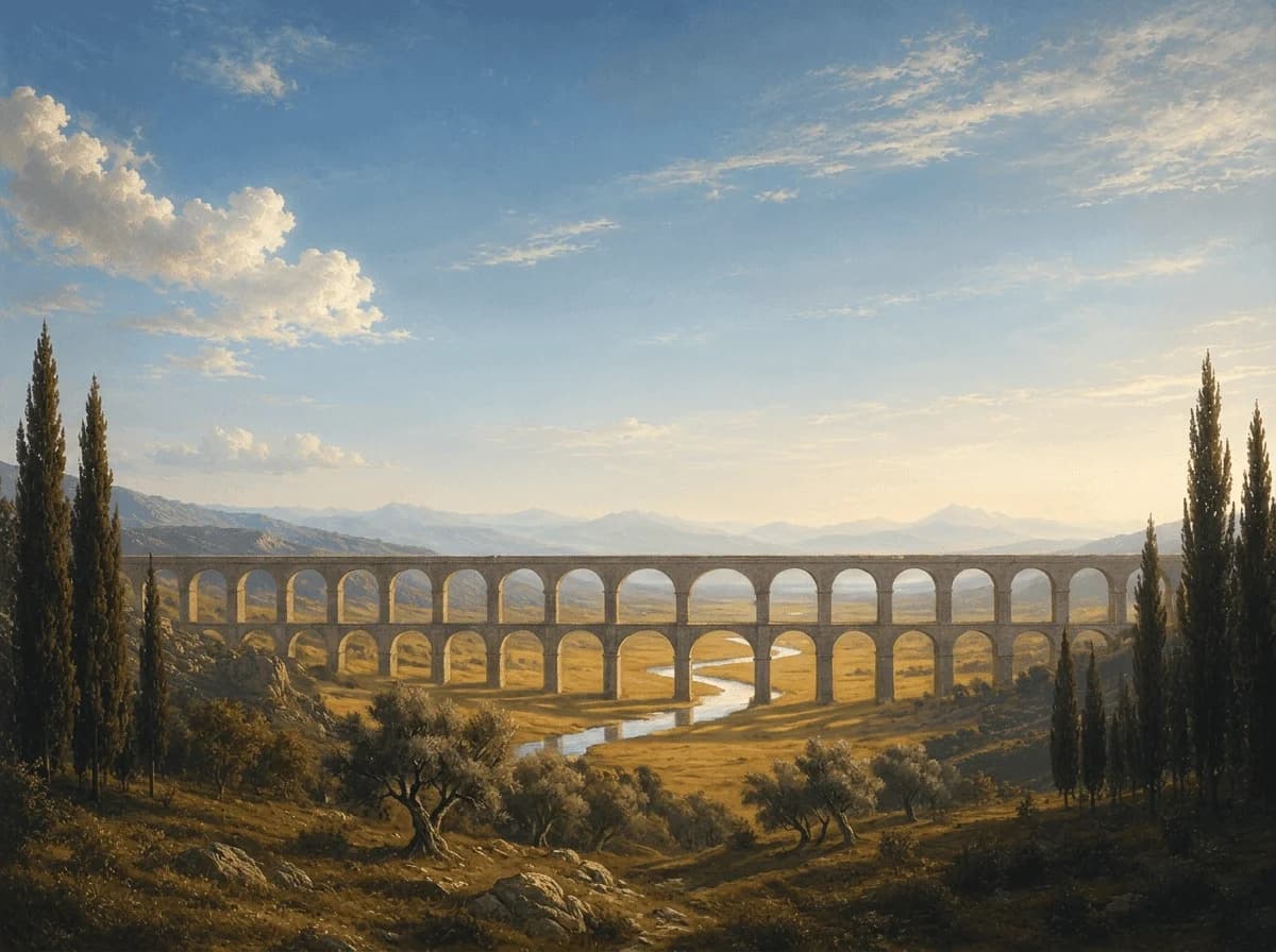 A stone aqueduct beneath a soft blue sky