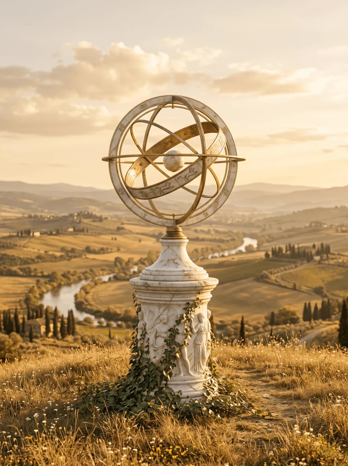 A golden armillary sphere in a sunlit classical landscape