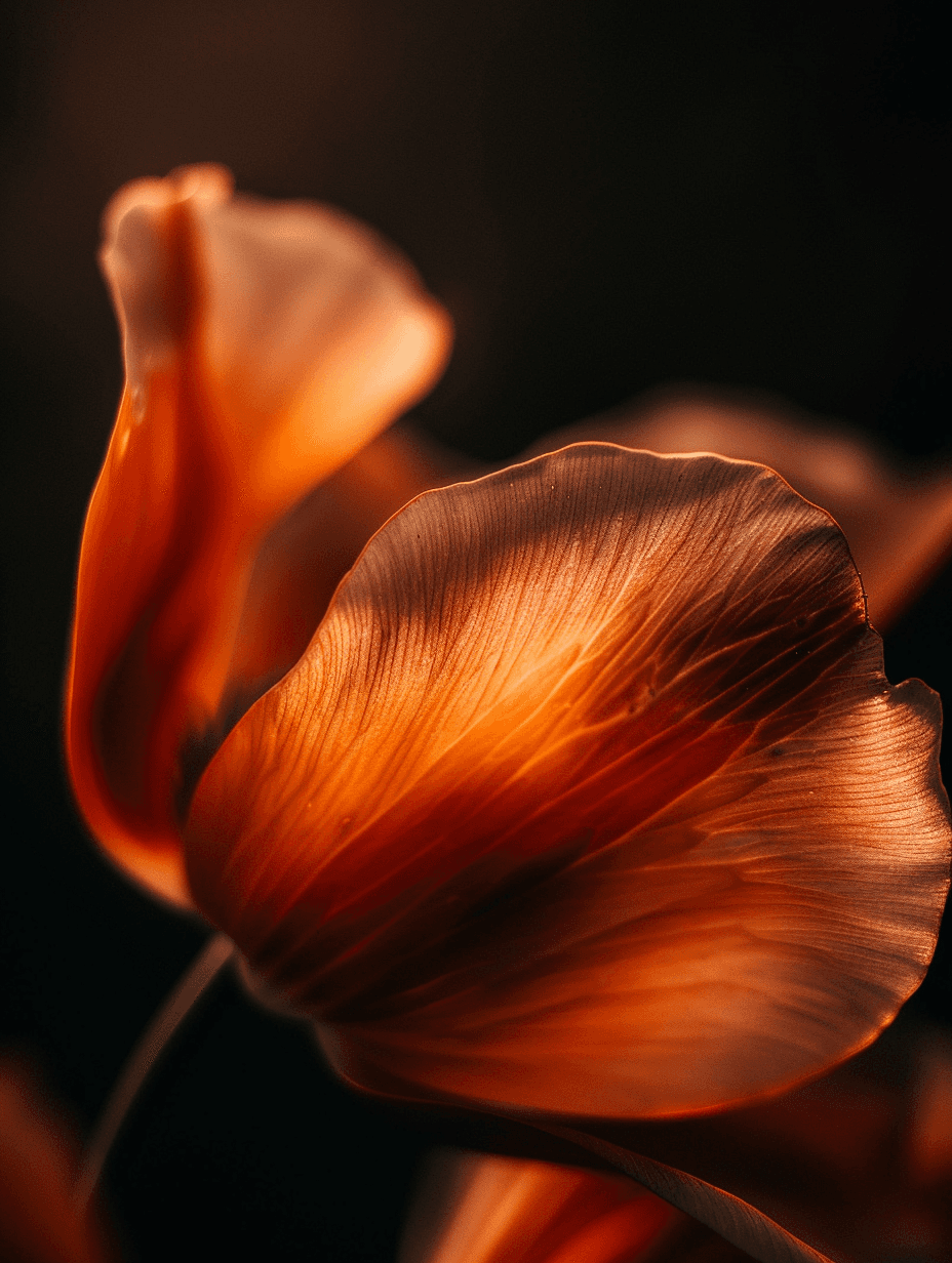Translucent copper petals with amber rim light against deep shadow
