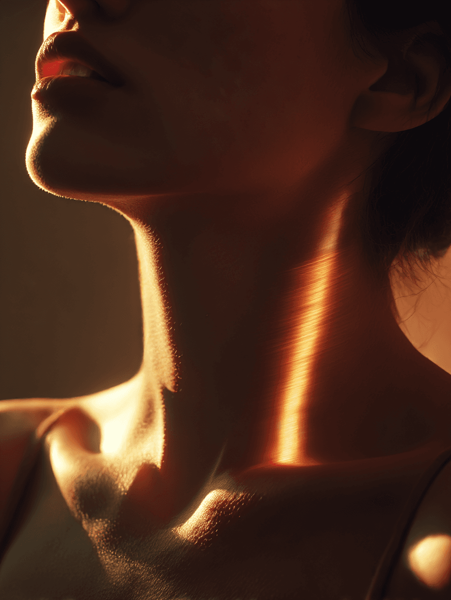 Warm sunlight across a neck and collarbone emerging from shadow