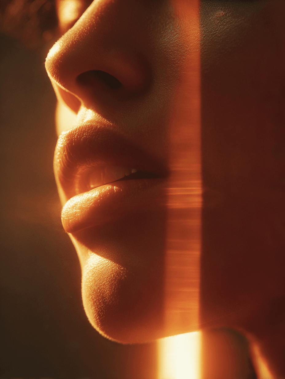 Softly parted lips in amber light with a vertical band of sunlight