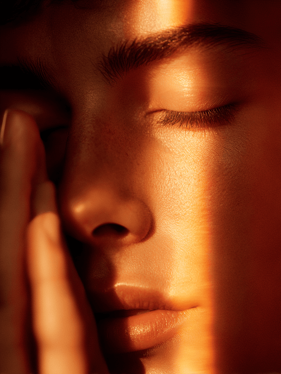 A closed eye and relaxed hand beside the cheek in warm amber light