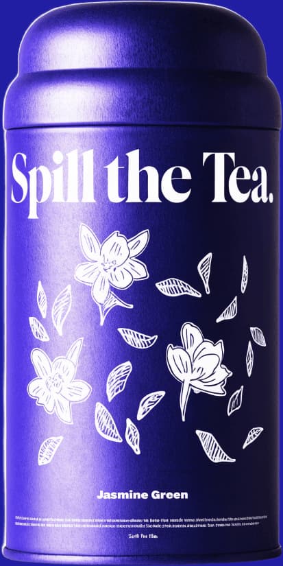 Spill the Tea Jasmine Green violet tin with white illustrated packaging
