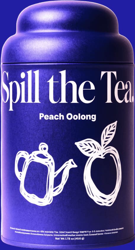 Spill the Tea Peach Oolong violet tin with white illustrated packaging