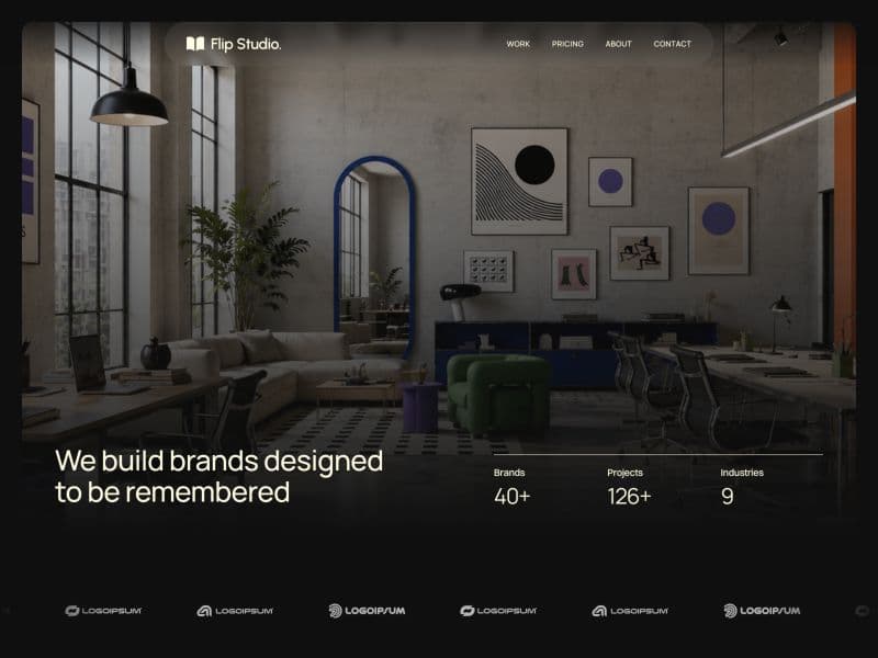 Flip Studio about page with studio photography and company statistics