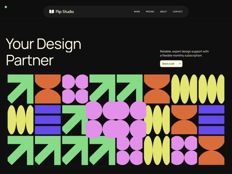 Flip Studio homepage with cream typography and colorful geometric artwork