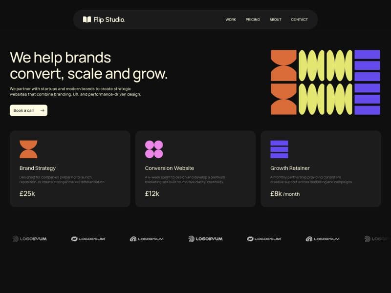 Flip Studio pricing page with three service cards