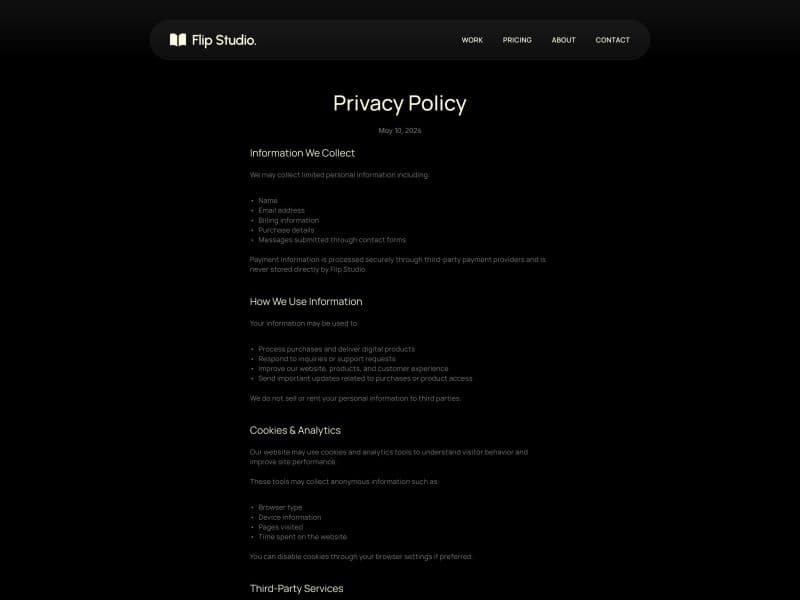 Flip Studio privacy policy page with legal text