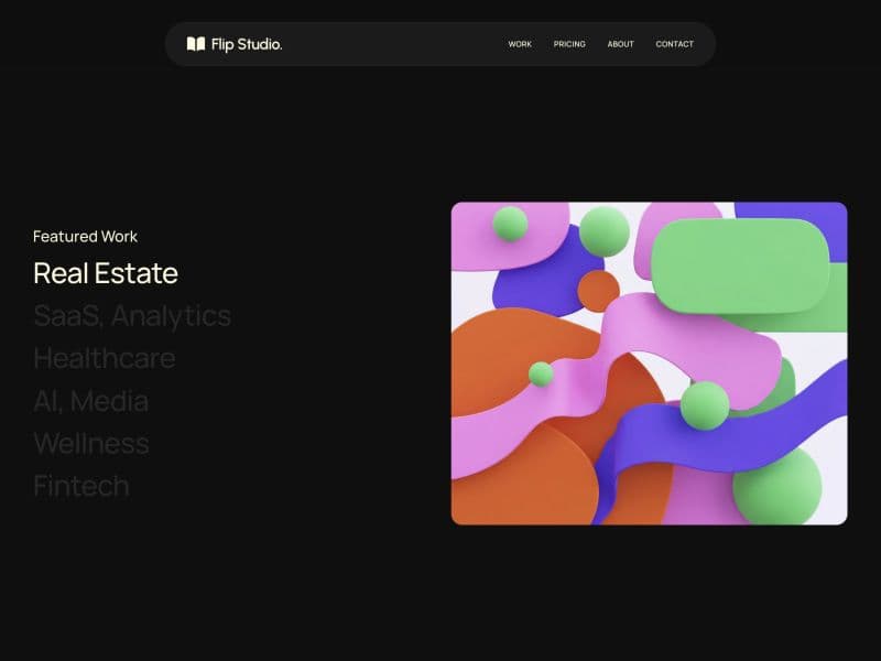 Flip Studio featured work selector with a colorful project preview