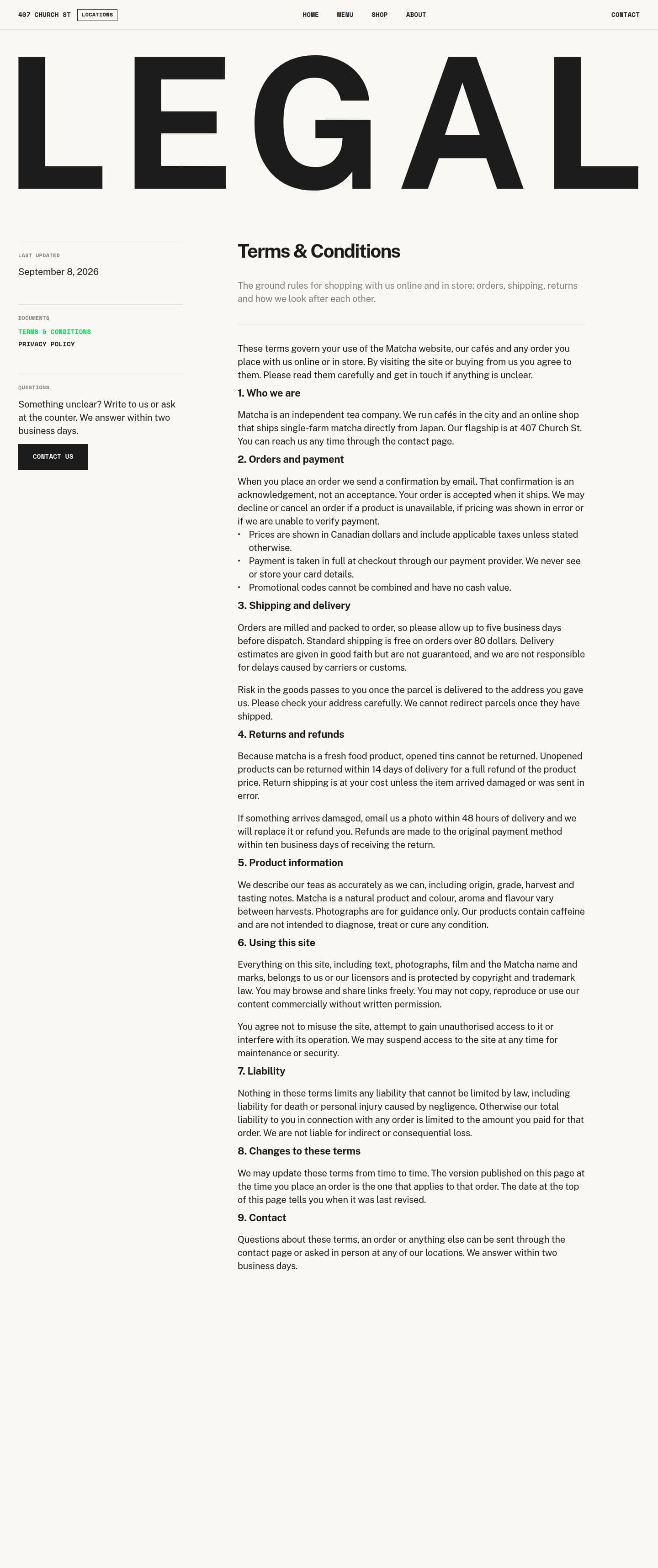 Matcha Terms & Conditions source page layout