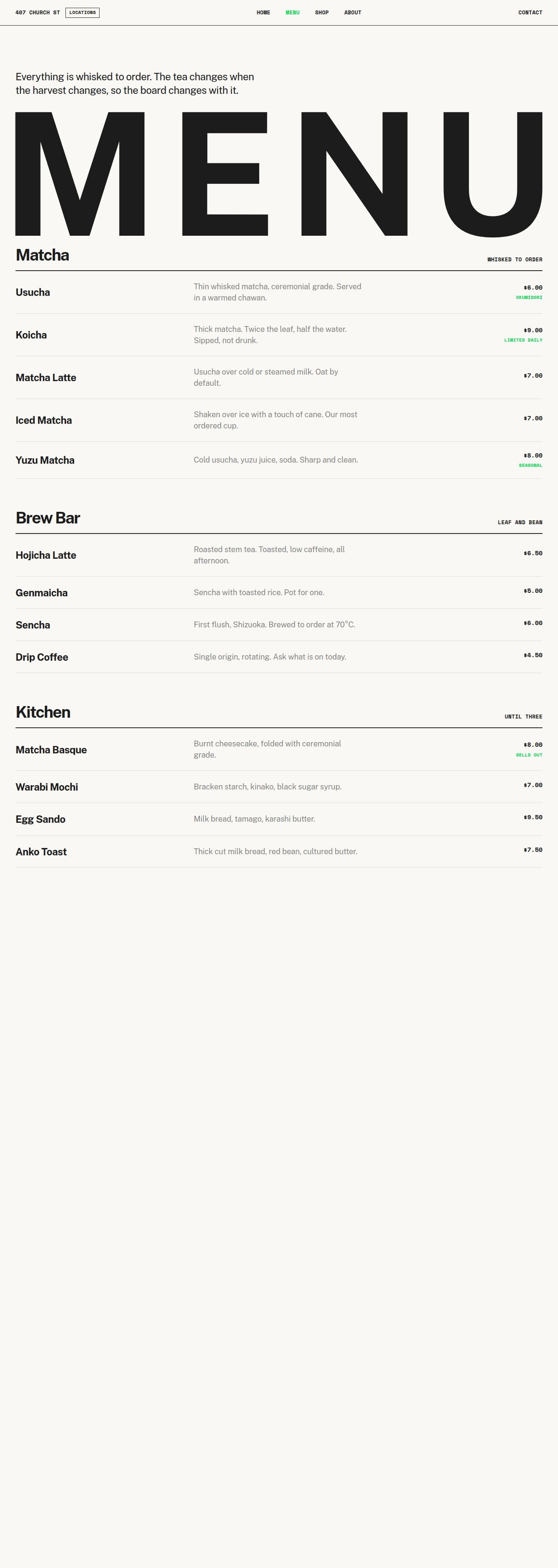 Matcha Menu source page layout