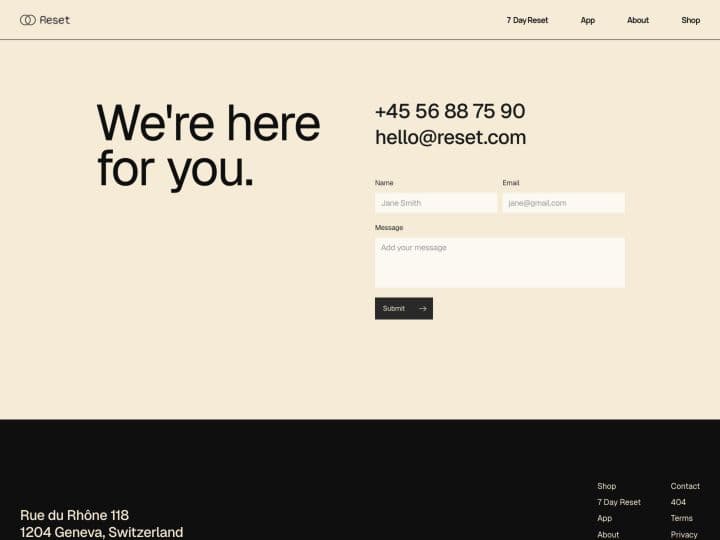 Reset — Contact page preview
