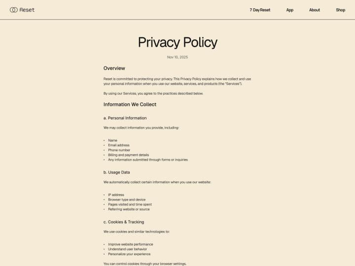 Reset — Privacy Policy page preview