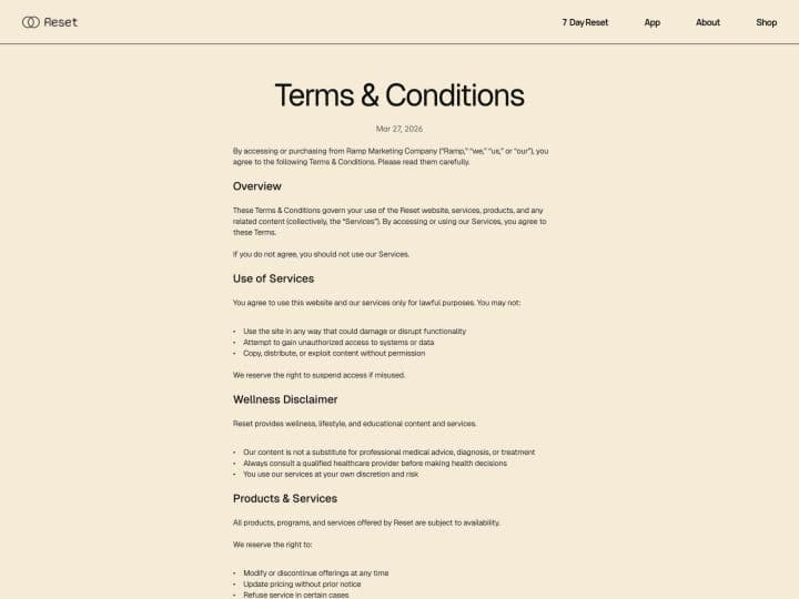 Reset — Terms & Conditions page preview