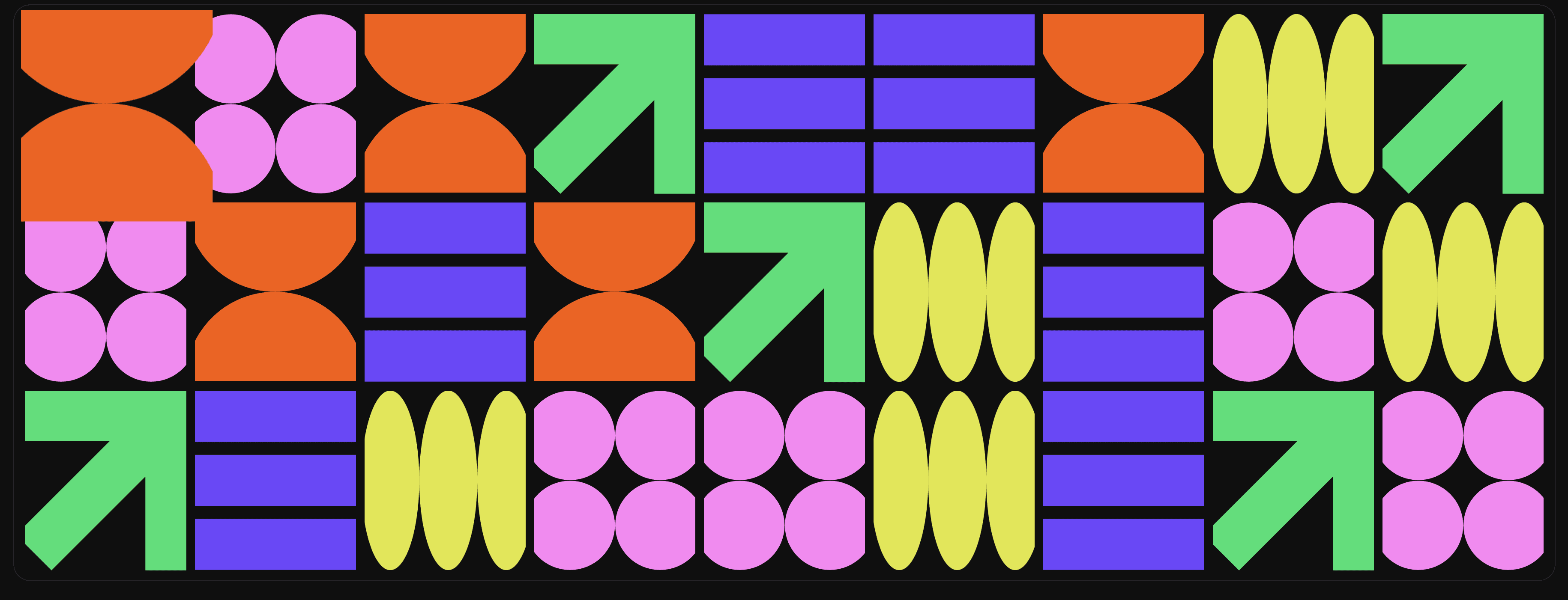 Colourful orange, pink, purple, yellow and green geometric shapes on a black background