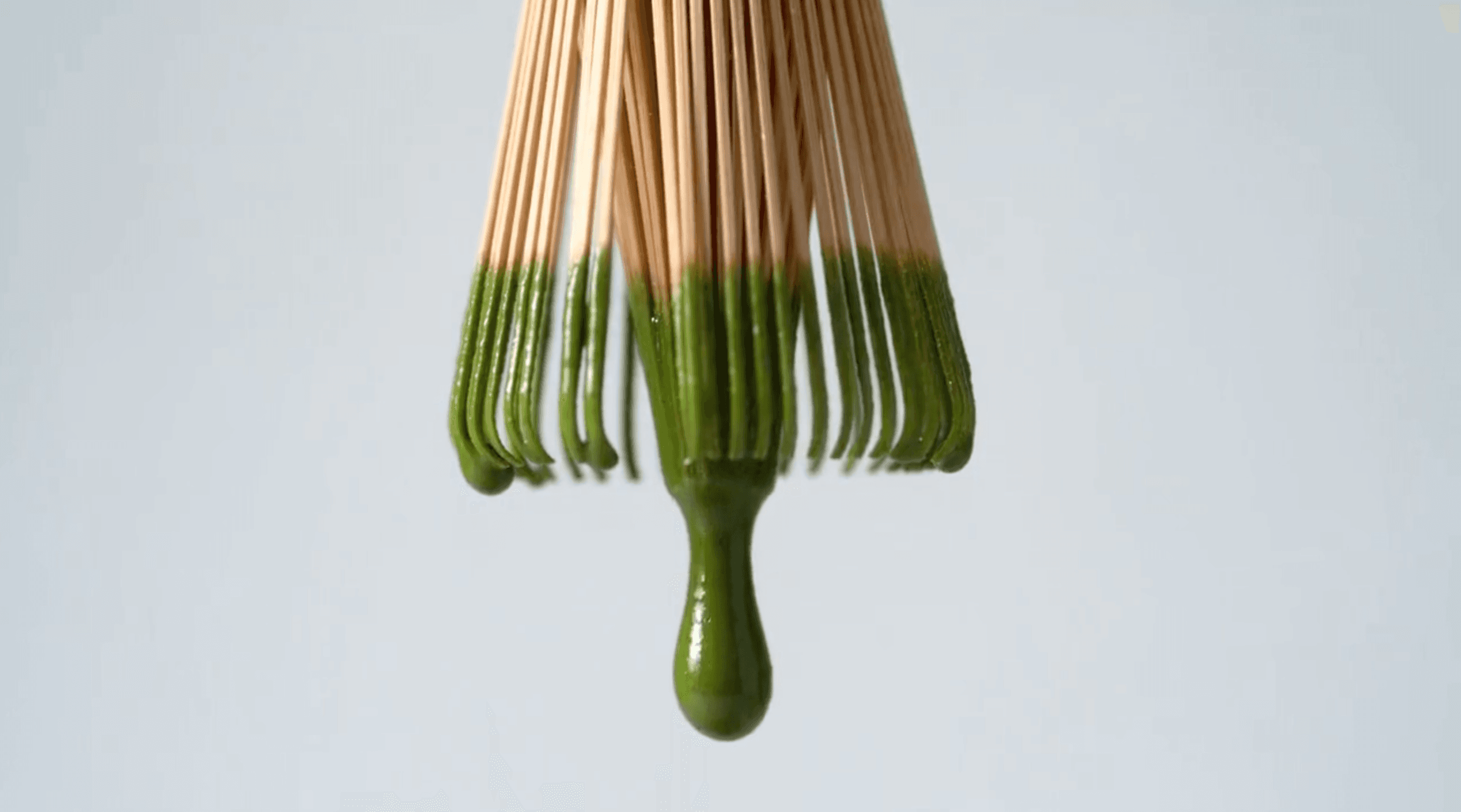 Bamboo whisk coated in green matcha with a drop falling against a pale background