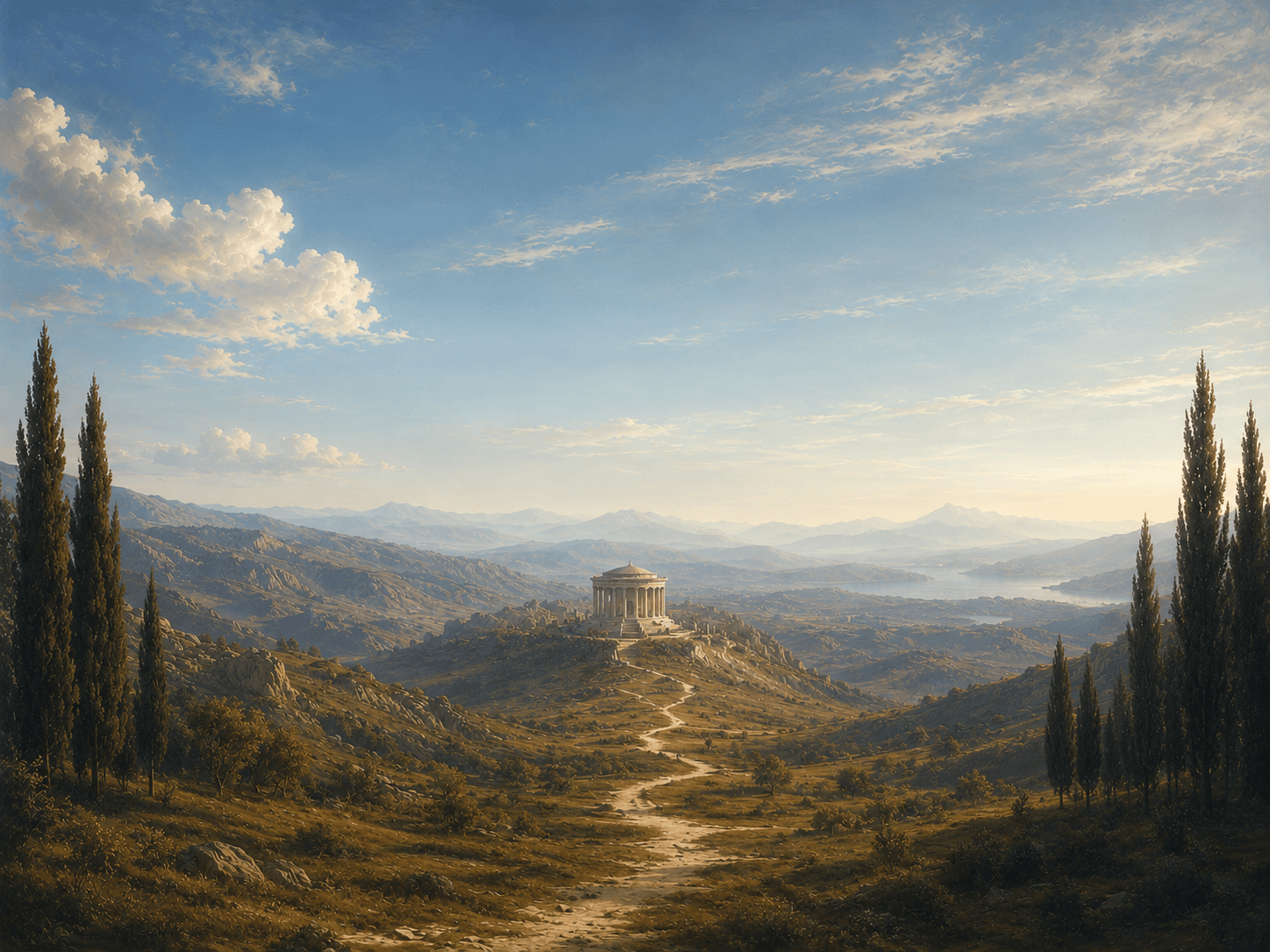 Blue sky over a classical temple, distant mountains and cypress trees