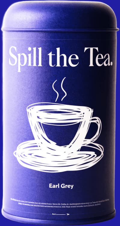 The original Spill the Tea Earl Grey tin with violet and white illustrated packaging