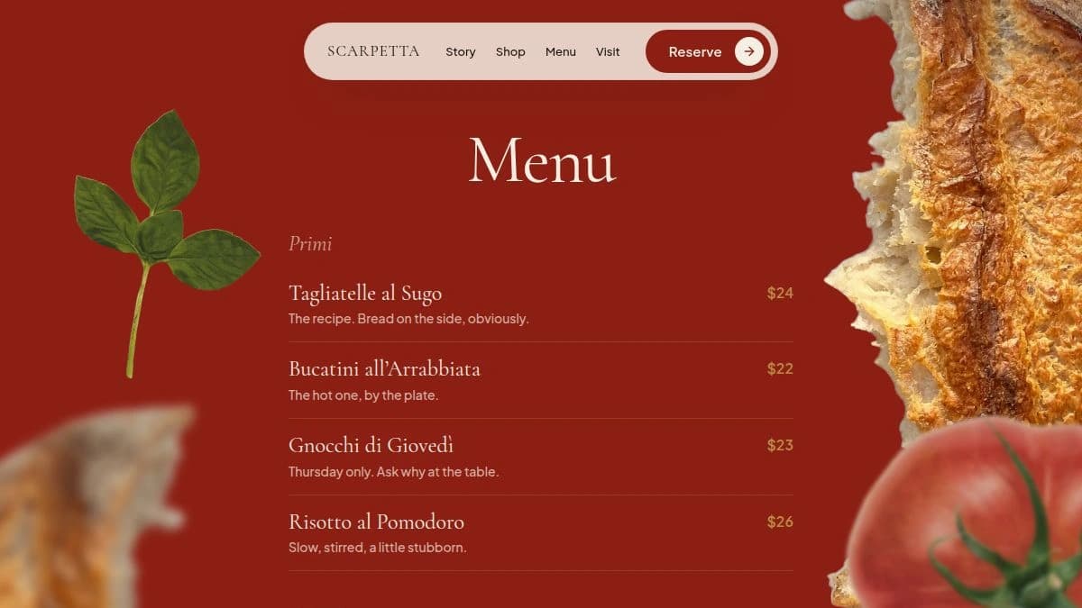 Scarpetta menu section with cream text and ingredient cutouts on tomato red