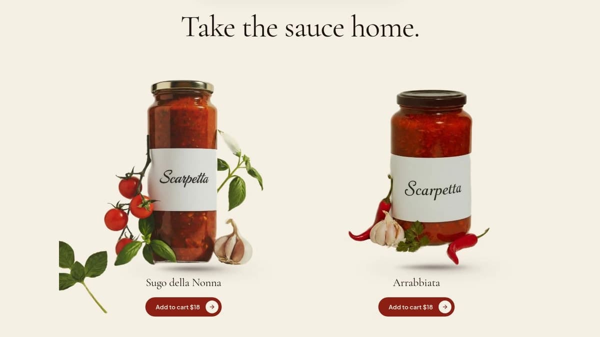Scarpetta sauce shop section with two sauce jars on warm cream