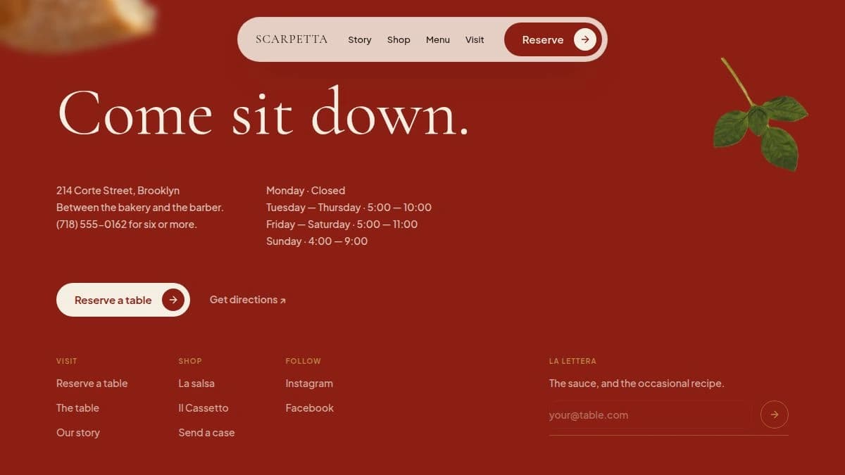 Scarpetta visit and footer section with opening hours, reservations, and newsletter on tomato red