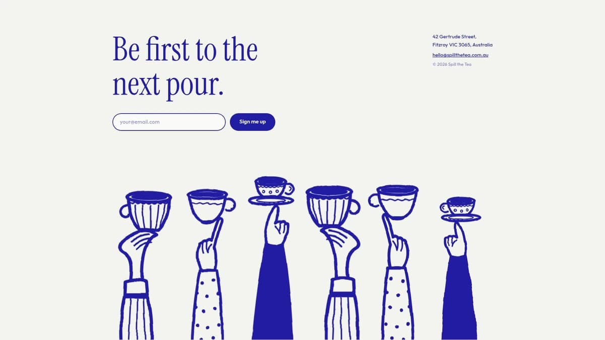 Spill the Tea a newsletter invitation and illustrated hands raising teacups