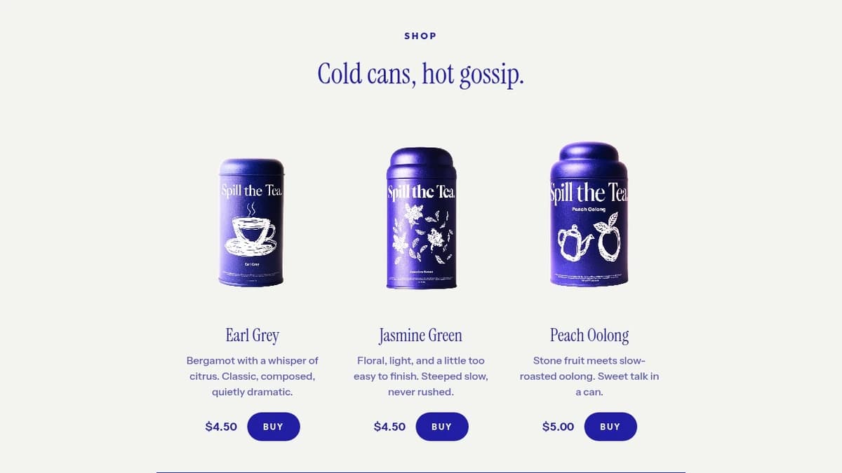 Spill the Tea three violet tea tins with names, descriptions, prices and BUY buttons